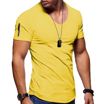 QOAAIE Men's Zip Deco Muscle T-Shirts Short Sleeve V Neck Workout Athletic T-Shirt Bodybuilding Solid Casual Tee Tops (Yellow,XX-Large)