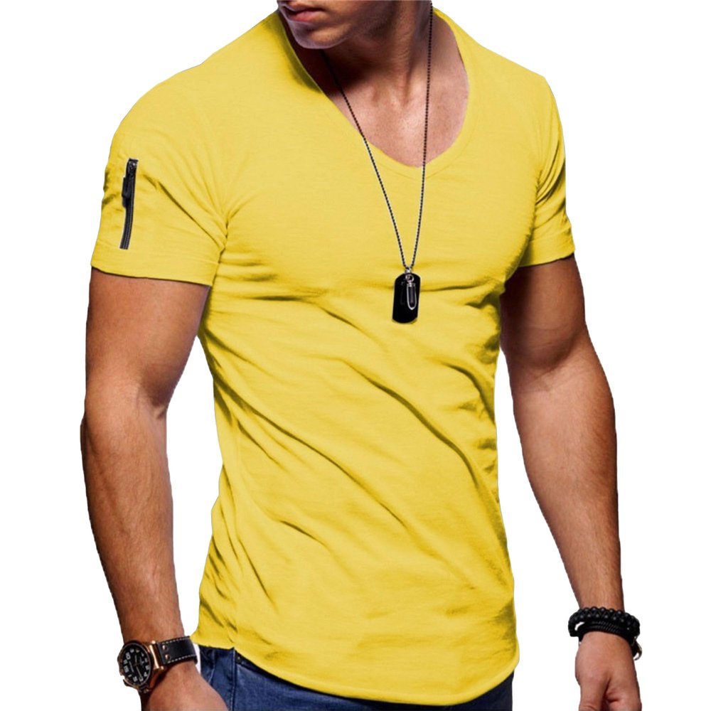 QOAAIE Men's Zip Deco Muscle T-Shirts Short Sleeve V Neck Workout Athletic T-Shirt Bodybuilding Solid Casual Tee Tops (Yellow,XX-Large)