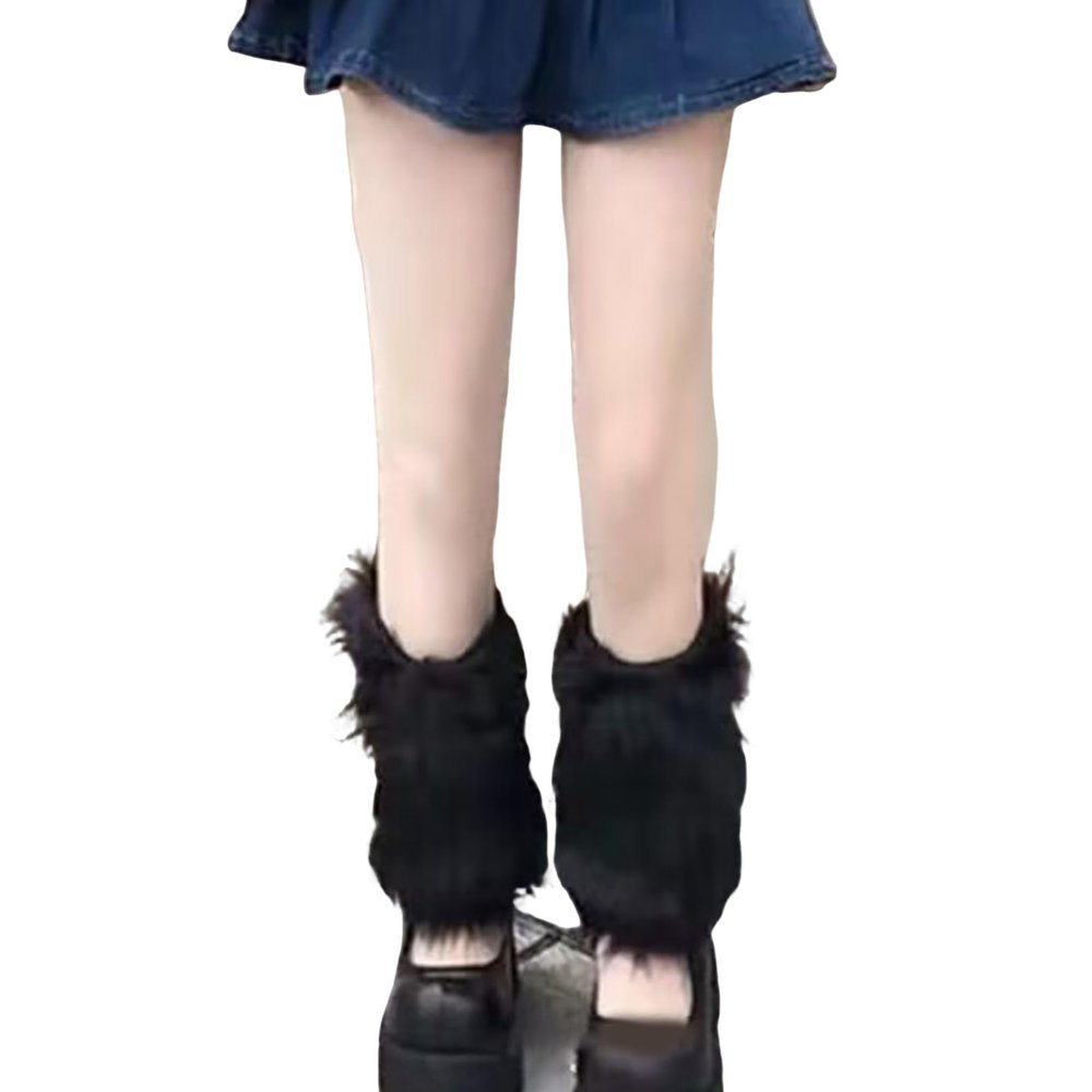 Altsuceser Women's Leg Warmers, Fashion Faux Fur Fuzzy Leg Warmer, Long Boots Shoes Cuff Cover Black 2 One Size