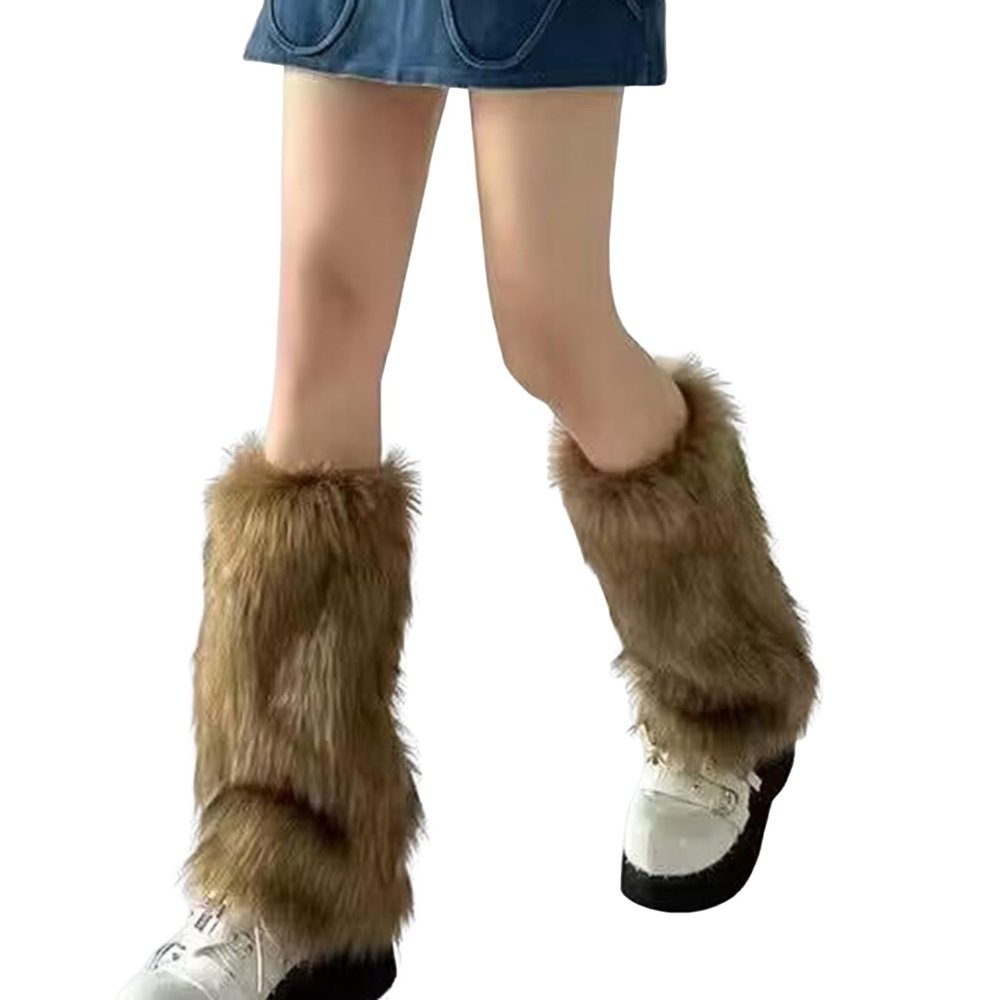 Altsuceser Women's Leg Warmers, Fashion Faux Fur Fuzzy Leg Warmer, Long Boots Shoes Cuff Cover Dark Brown One Size