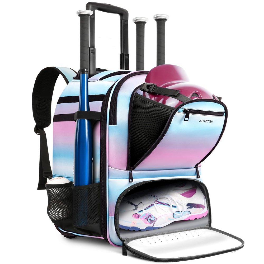 AUROTIER Rolling Baseball Backpack with Off-road Wheels, Wheeled Catchers Gear Bag for Baseball Equipment, 4 Bats, Large Softball Bag for TBall, Helmet & Accessories with Fence Hook, Blue-pink