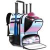 AUROTIER Rolling Baseball Backpack with Off-road Wheels, Wheeled Catchers Gear Bag for Baseball Equipment, 4 Bats, Large Softball Bag for TBall, Helmet & Accessories with Fence Hook, Blue-pink view 1
