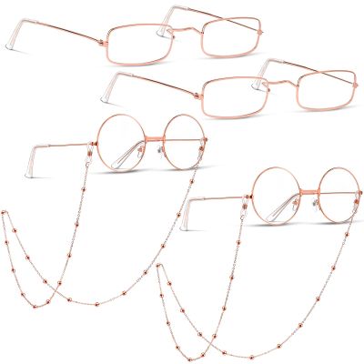 Fiada 6 PCS Old Man Glasses Costume Set 2 Round Eyeglasses 2 Square Glasses 2 Beaded Chain for Christmas Cosplay(Rose Gold)