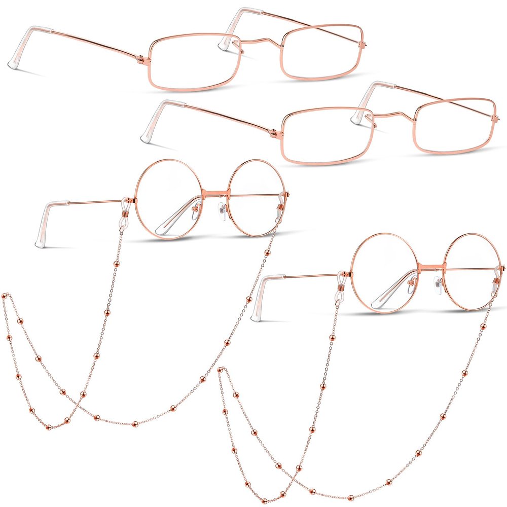 Fiada 6 PCS Old Man Glasses Costume Set 2 Round Eyeglasses 2 Square Glasses 2 Beaded Chain for Christmas Cosplay(Rose Gold)