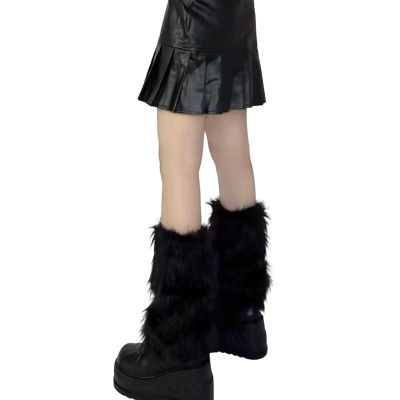 Altsuceser Women's Leg Warmers, Fashion Faux Fur Fuzzy Leg Warmer, Long Boots Shoes Cuff Cover Black1 One Size