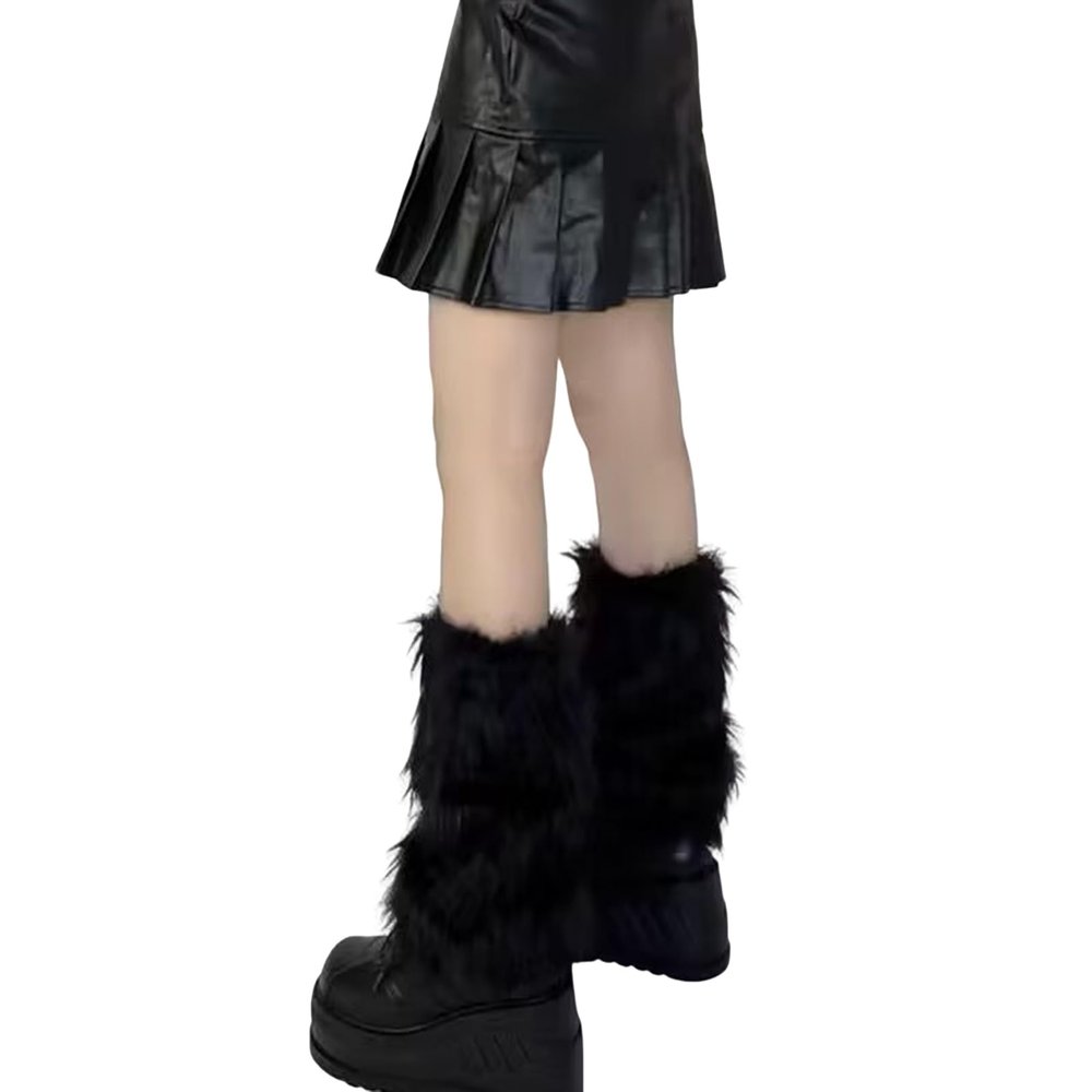 Altsuceser Women's Leg Warmers, Fashion Faux Fur Fuzzy Leg Warmer, Long Boots Shoes Cuff Cover Black1 One Size