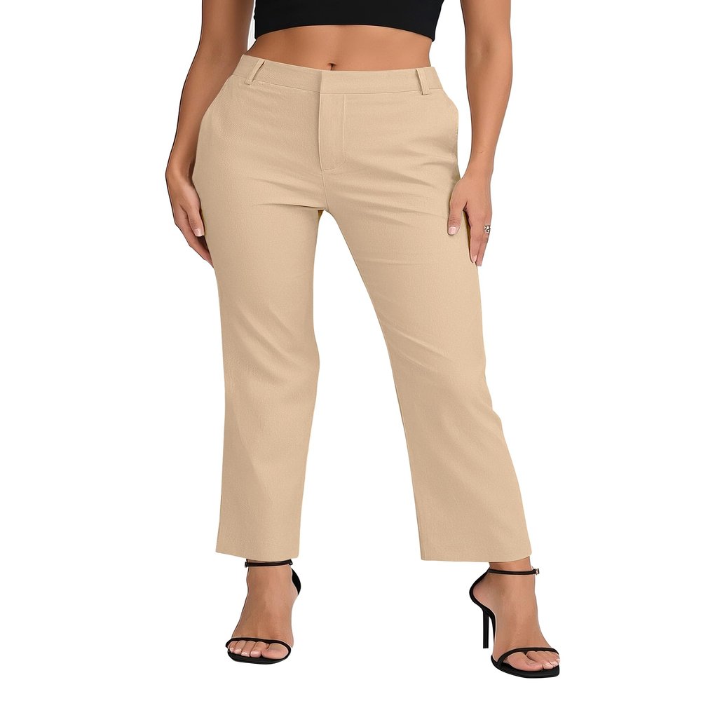EXCHIC Women's Business Straight Leg Dress Pants Elastic Waist Zipper Closure Work Trousers with Pockets(Khaki, Small)