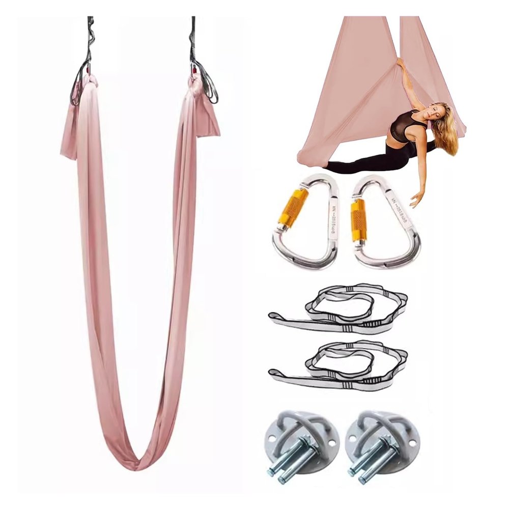 Aerial Yoga Hammock Swing Kit, Living Room Bedroom Gym Studio Classroom Anti Gravity Flying Yoga Hammocks Silk, Adults & Kids Fitness Equipment, Ceiling Mount with Fittings(Pink3,7yards (6.4m))