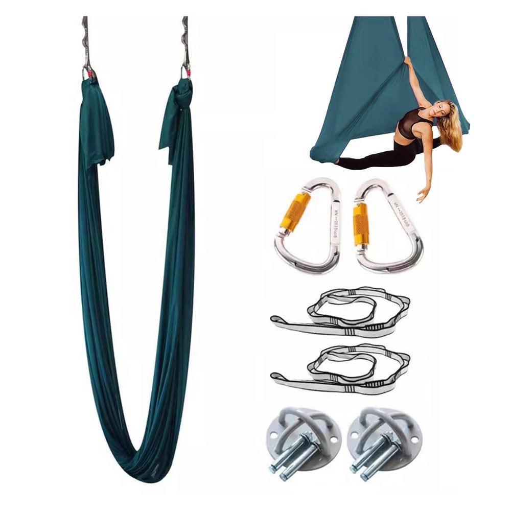Aerial Yoga Hammock Swing Kit, Living Room Bedroom Gym Studio Classroom Anti Gravity Flying Yoga Hammocks Silk, Adults & Kids Fitness Equipment, Ceiling Mount with Fittings(Green2,5yards (4.6m))