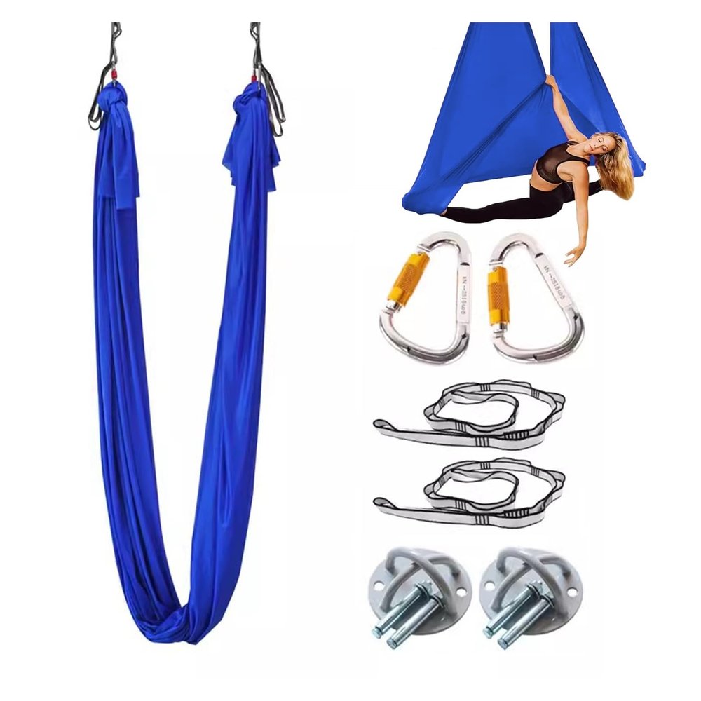 Aerial Yoga Hammock Swing Kit, Living Room Bedroom Gym Studio Classroom Anti Gravity Flying Yoga Hammocks Silk, Adults & Kids Fitness Equipment, Ceiling Mount with Fittings(Blue2,7yards (6.4m))