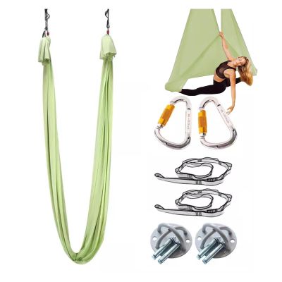 Aerial Yoga Hammock Swing Kit, Living Room Bedroom Gym Studio Classroom Anti Gravity Flying Yoga Hammocks Silk, Adults & Kids Fitness Equipment, Ceiling Mount with Fittings(Green1,6.5yards (5.9m))