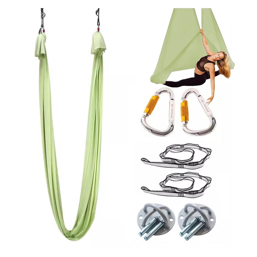 Aerial Yoga Hammock Swing Kit, Living Room Bedroom Gym Studio Classroom Anti Gravity Flying Yoga Hammocks Silk, Adults & Kids Fitness Equipment, Ceiling Mount with Fittings(Green1,6.5yards (5.9m))
