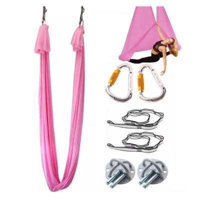 Aerial Yoga Hammock Swing Kit, Living Room Bedroom Gym Studio Classroom Anti Gravity Flying Yoga Hammocks Silk, Adults & Kids Fitness Equipment, Ceiling Mount with Fittings(Pink1,7.5yards (6.9m))