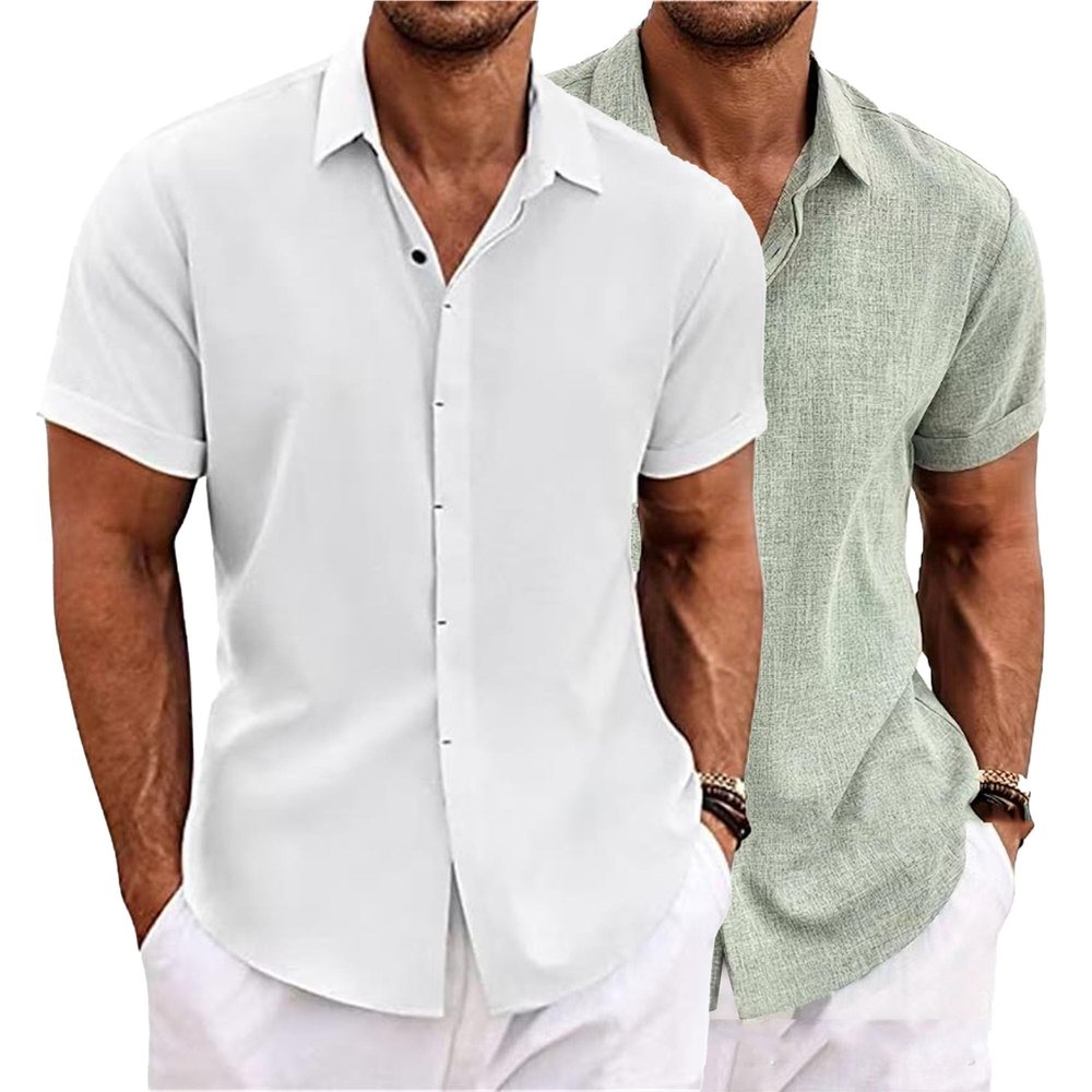 2 Pack Men's Short Sleeve Button Down Shirts Summer Casual Cotton Linen Shirt Lightweight Breathable Summer Tops (White+Green,Small)
