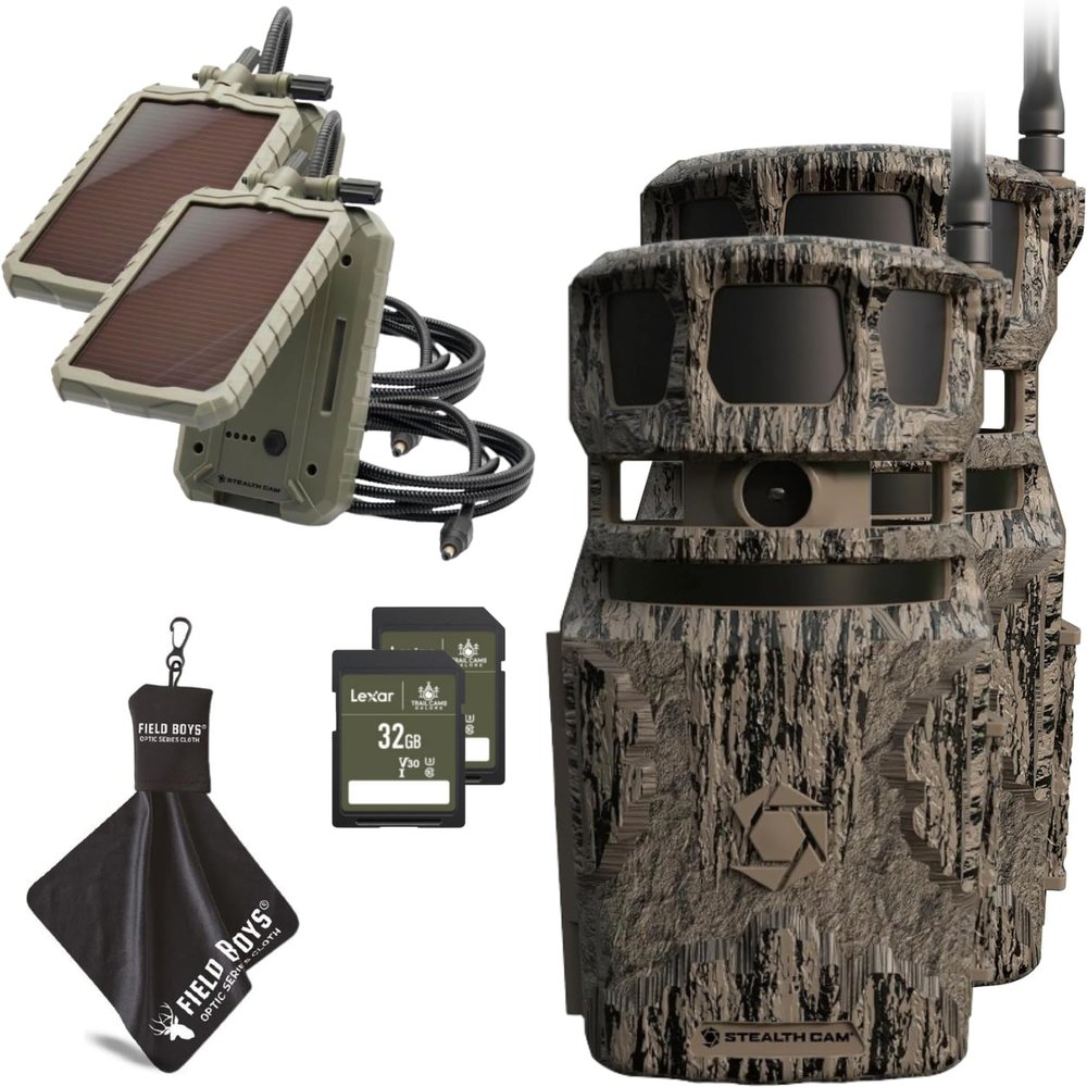 Stealth Cam Revolver PRO 40MP Photo 1440P at 30 FPS QHD Video 0.4 Sec Trigger Speed 360-Degree Panoramic View Built-in GPS Hunting Cellular Trail Camera - 32GB SD Card, Cloth, and Solar Panel (2 PK)