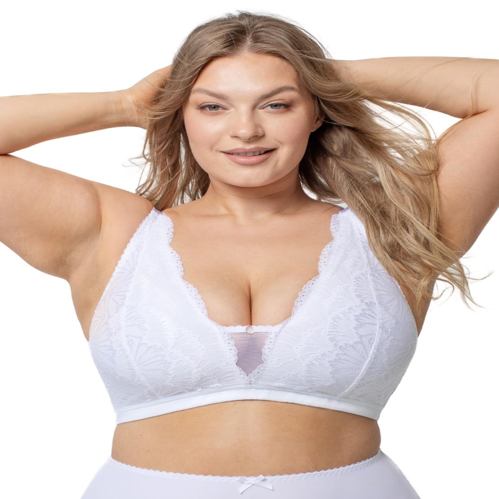 Kudreshov Lingerie Maria Cotton Stretch Lace Women's Bra Non-Padded, No Underwire, White, Plus Sizes B-DD, XXL 38C