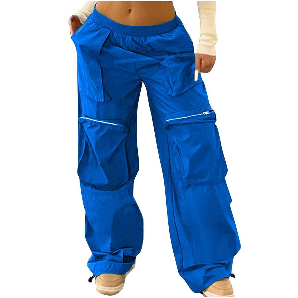 Akklian Baggy Parachute Pants for Women Drawstring Elastic Low Waist Ruched Y2K Cargo Pants Jogger Streetwear Multi-Pockets
