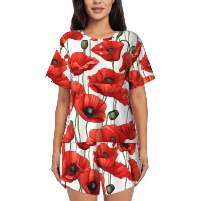 Red Poppy Flower Print 2 Pack Womens Pajama Sets Short Sleeve Top With Shorts S-Xxl