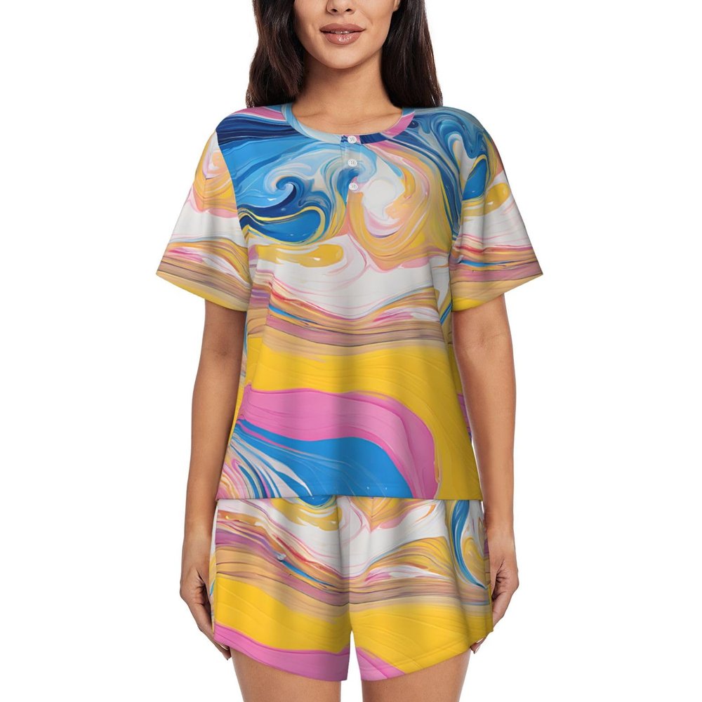 MINDBBDFJ Colorful Tie Dye Print 2 Pack Womens Pajama Sets Short Sleeve Top With Shorts S-Xxl Black