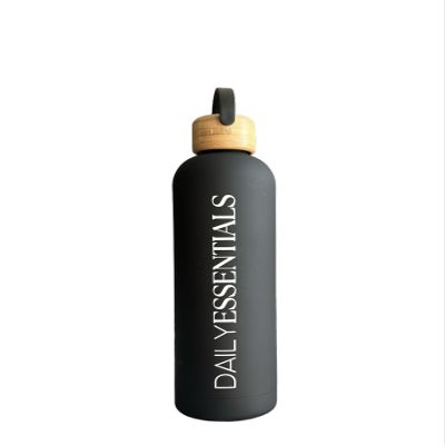 Daily Essentials Matte Black Stainless Steel Water Bottle With Bamboo Lid, 34 oz