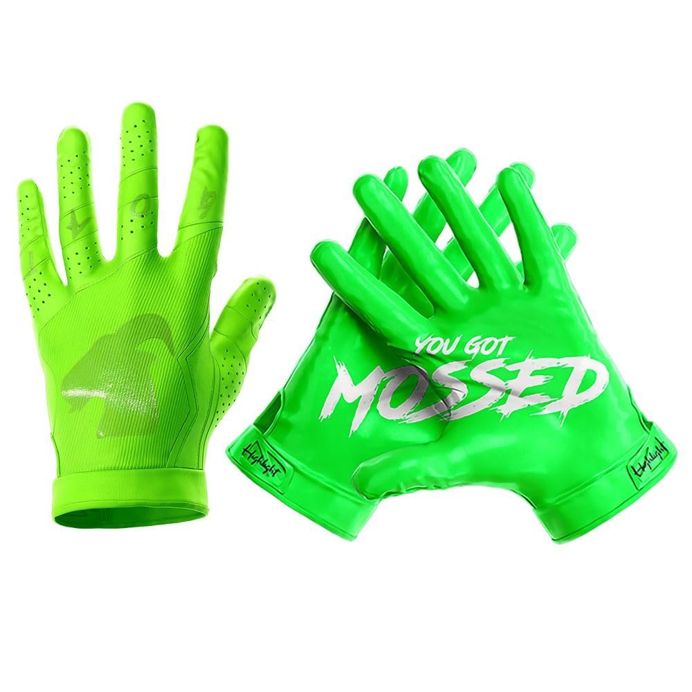HIGHLIGHT FACTORY ATL G.O.A.T. Silhouette You Got Mossed/Ultra Grip Football Gloves (Green, Adult Small)