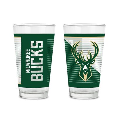 Rico Industries NBA Basketball Milwaukee Bucks 16 oz Pint Glasses with Digitally Printed Logo, Practical Set of 2 Classic Drinking Glasses, Gift for Fans