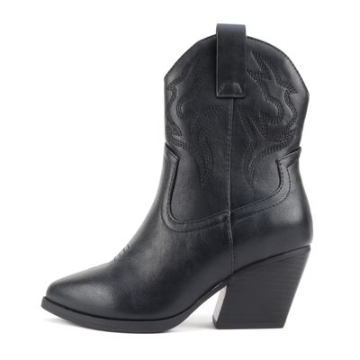 Soda BLAZING ~ Women Western Stitched Pointe Toe Low Heel High Top Ankle Shaft Boot Bootie (All Black Pu, us_footwear_size_system, adult, women, numeric, wide, 6)