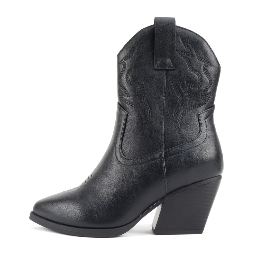 Soda BLAZING ~ Women Western Stitched Pointe Toe Low Heel High Top Ankle Shaft Boot Bootie (All Black Pu, us_footwear_size_system, adult, women, numeric, wide, 6)