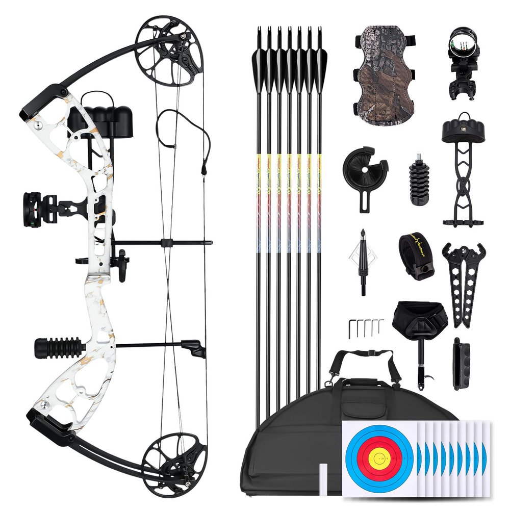 MOTION ZEUS Lightweight Compound Bow Kit for Pull Beginner and Intermediate Archer,19-70LBS Draw Weight,19"-30" Draw Length,Up to 320 FPS,Fully Adjustable Archery Hunting Equipment (White Camo)