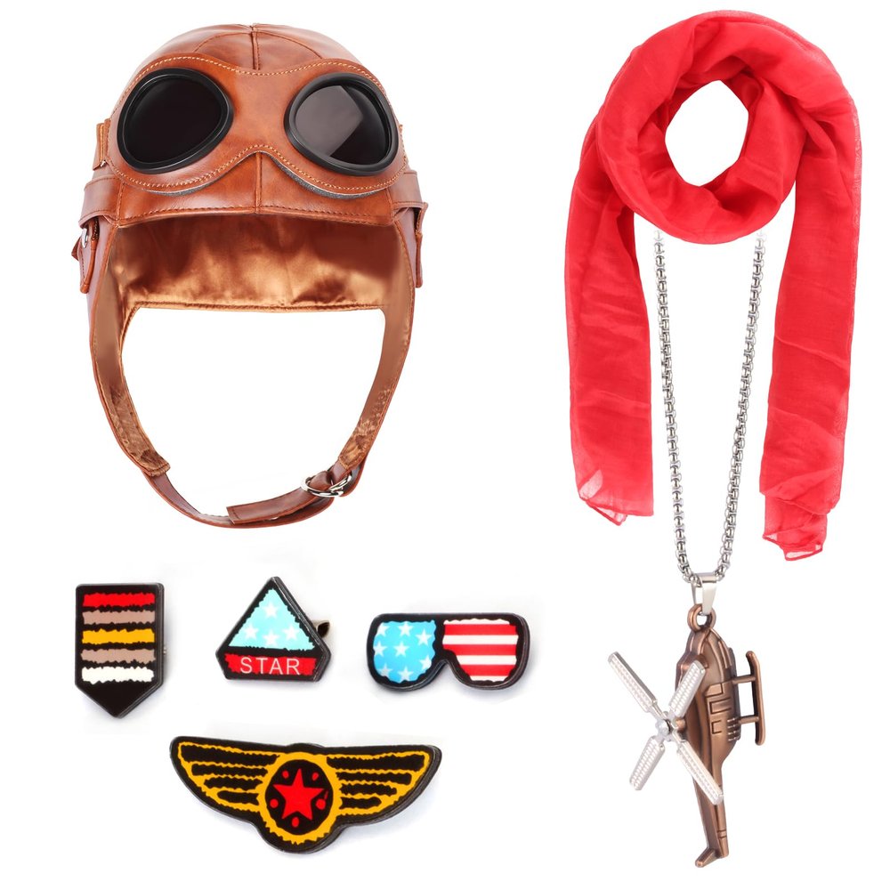 Kyson Kids Aviator Costume Leather Aviator Hat With Goggles White Scarf Brooch for Boys Girls Halloween Aviation Theme Party (Set B)