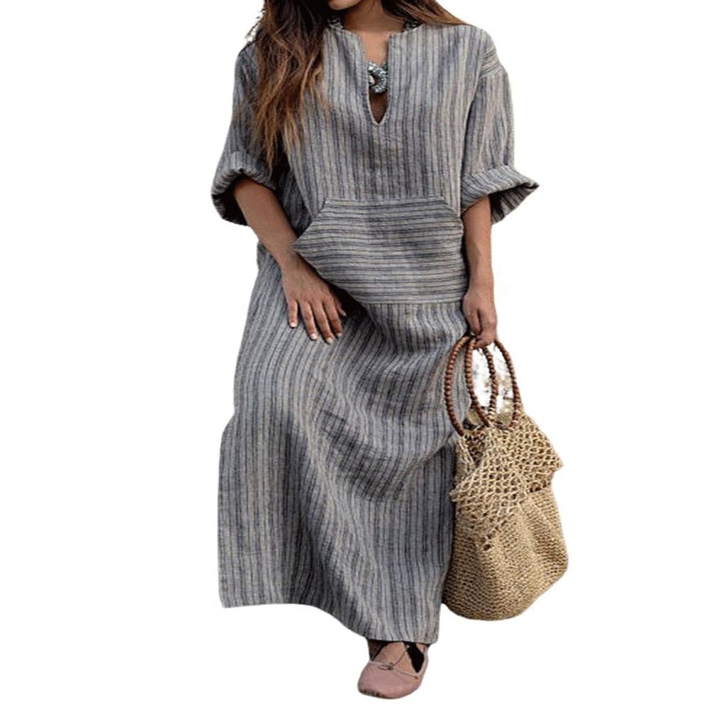 utcoco Women's Cotton Linen Dress Casual Loose V Neck Long Sleeve Striped Long Maxi Dress (X-Large, Grey)
