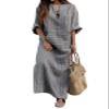 utcoco Women's Cotton Linen Dress Casual Loose V Neck Long Sleeve Striped Long Maxi Dress (X-Large, Grey) view 1