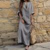 utcoco Women's Cotton Linen Dress Casual Loose V Neck Long Sleeve Striped Long Maxi Dress (X-Large, Grey) view 2