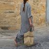 utcoco Women's Cotton Linen Dress Casual Loose V Neck Long Sleeve Striped Long Maxi Dress (X-Large, Grey) view 3