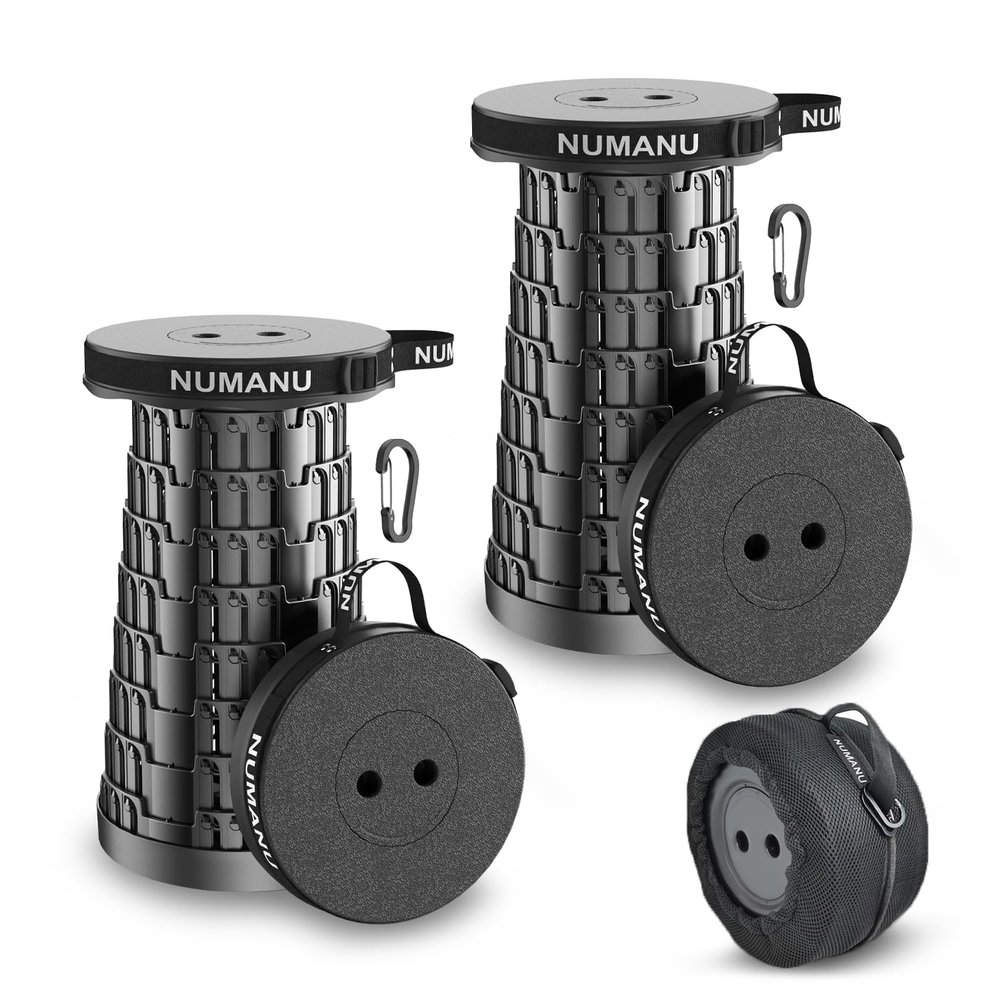 NUMANU 2PK 2025 Upgraded Collapsible Stool, Max 620lbs, 18" H Adjustable Portable Folding Stool for Adults, Retractable Foldable Telescopic Seat Camping Chair or Footrest