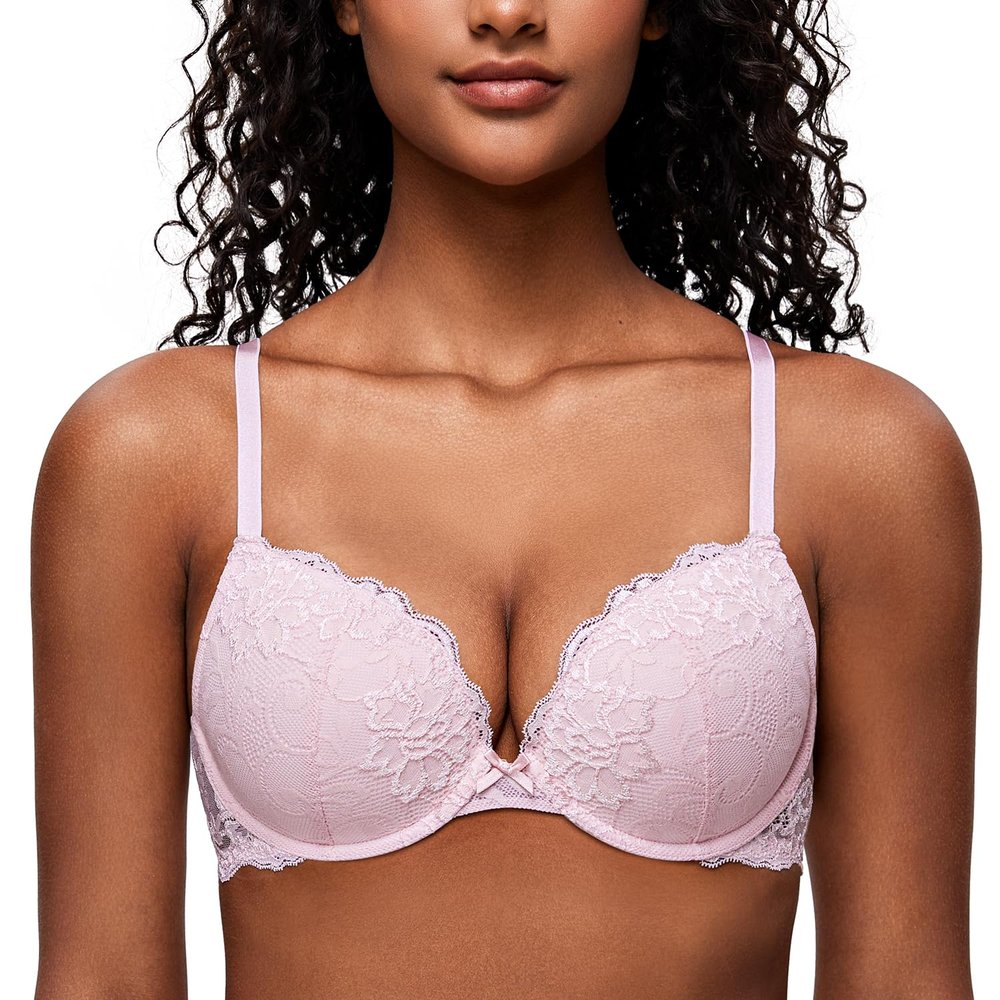Deyllo Women's Push Up Lace Bra Comfort Padded Underwire Bra Lift Up Add One Cup(Peachy,40 DD)