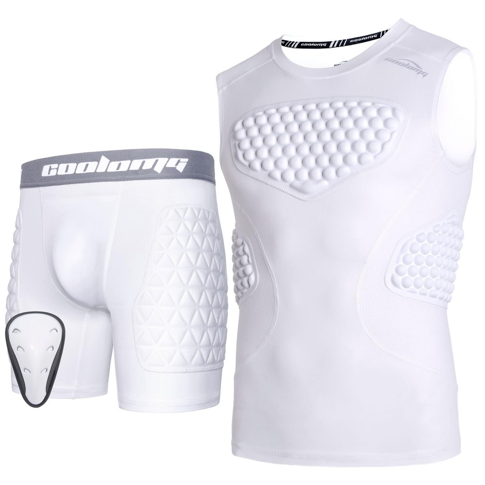 COOLOMG Youth Boys Chest Rib Protector + Boys Sliding Shorts with Cup, White M