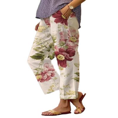 Akivide Women Casual Floral Print Linen Pant Summer Boho High Elastic Waist Straight Wide Leg Pant Plus Size Loose Beach Lounge Capri Tapered Trouser with Pocket, Small