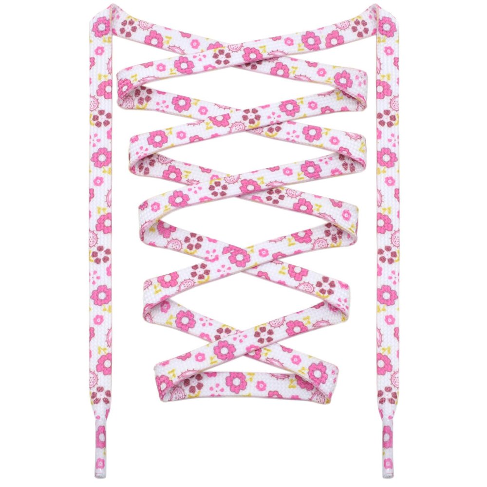 DANHUA Colored Printed Flat Shoelaces: 2 Pair White Pink Patterned Shoe Laces for Sneakers 39 inch