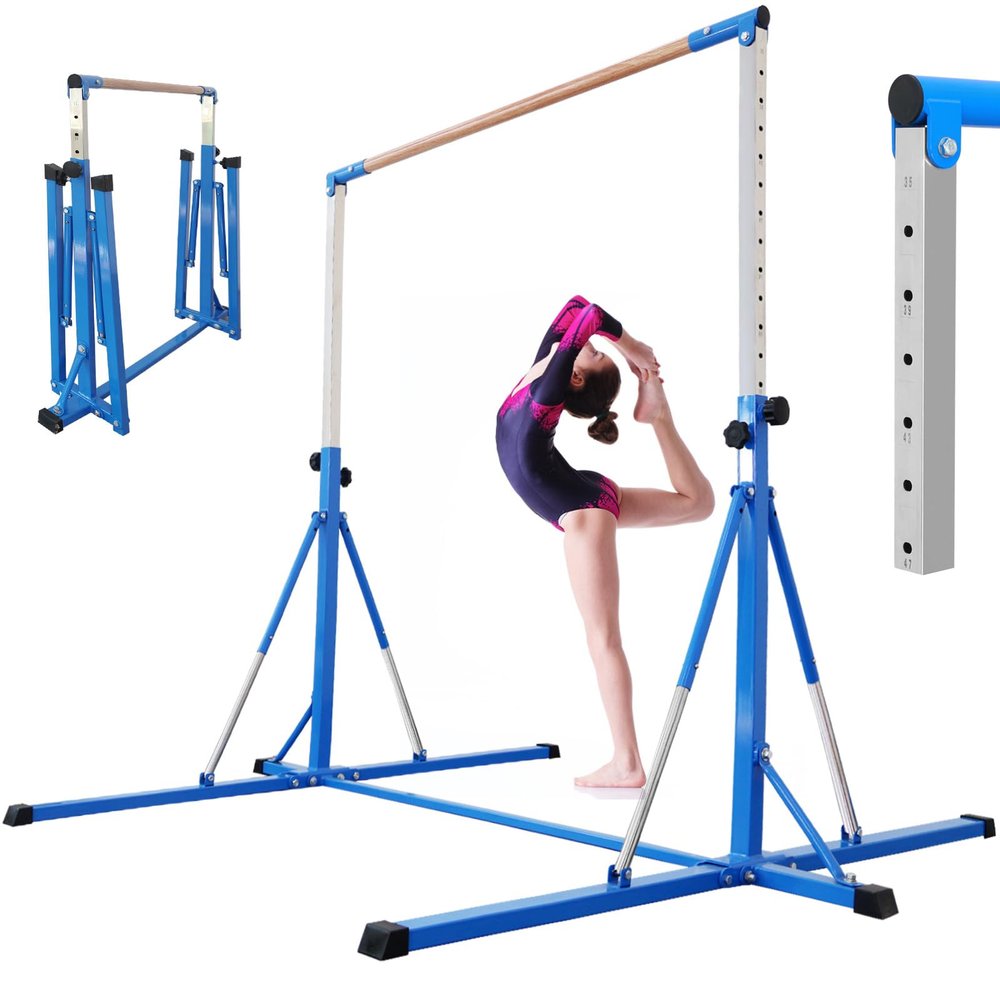 FC FUNCHEER Gymnastics Bar for Kids Ages 3-15, 35" to 60" Adjustable Height, 4FT Wide Base - Professional Kip Bar with 360 Stability & Fiberglass Crossbar, Easy Fold&Solid Design for Home Training