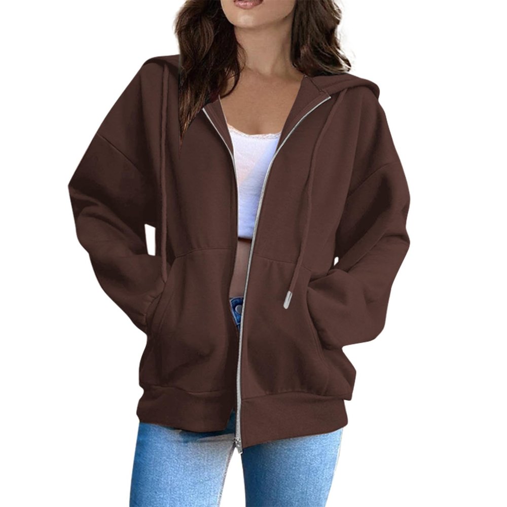 Light Jackets for Women Casual Fall Zipper Hoodies for Women Womens Zip Up Hoodie with Pockets Long Sleeve Fashion Fall Oversized Sweatshirts Casual Drawstring Jacket Small Coffee