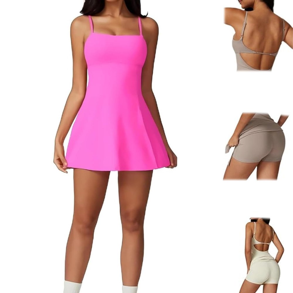 2 in 1 Split Hem Sports Dress, Womens 2 in 1 Split Hem Sports Dress, Womens Summer Dresses with Built in Shorts (US, Alpha, Medium, Regular, Regular, Pink)