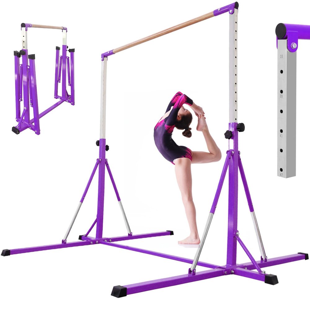 FC FUNCHEER Gymnastics Bar for Kids Ages 3-15, 35" to 60" Adjustable Height, 4FT Wide Base - Professional Kip Bar with 360 Stability & Fiberglass Crossbar, Easy Fold&Solid Design for Home Training
