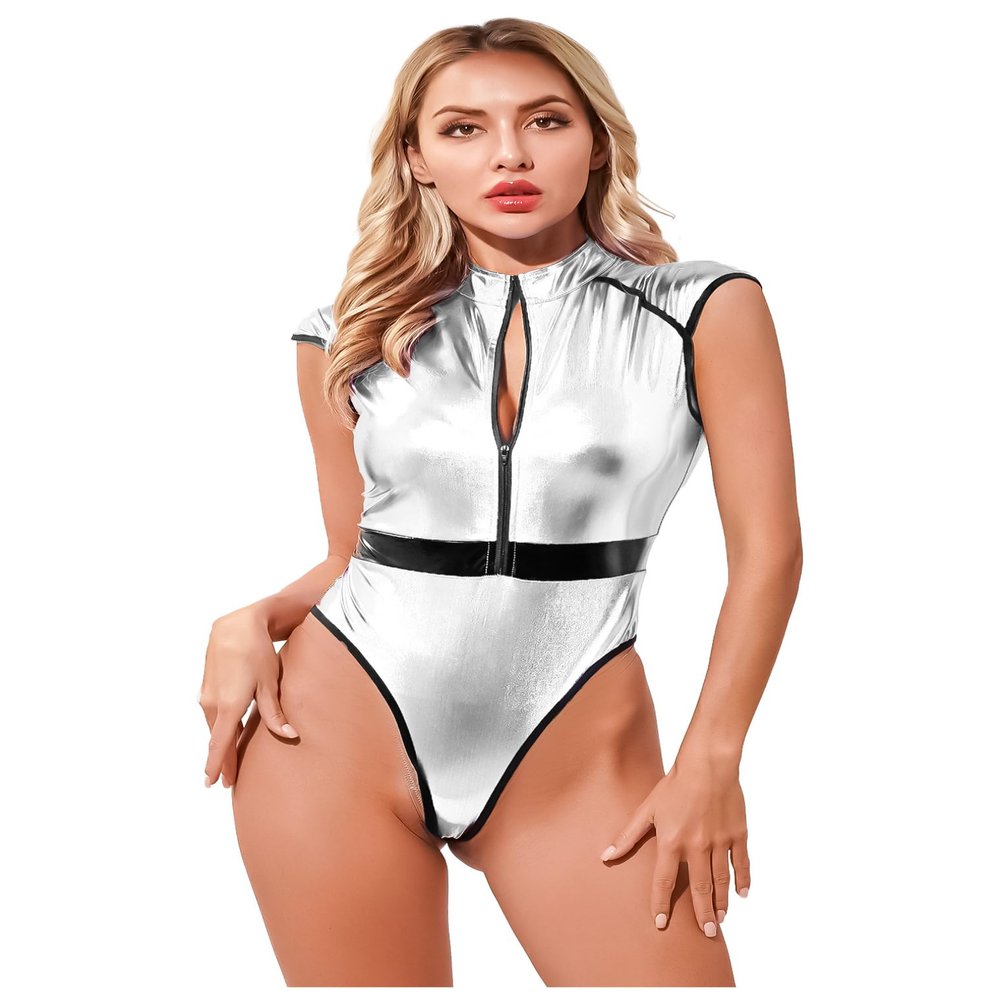 JEATHA Women's Shiny Metallic Space Cadet Galaxy Future Soldier Bodysuit Halloween Costume Silver XX-Large