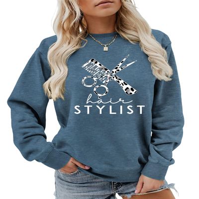 Hair Stylist Leopard Sweatshirt, Hairstylist Comb Scissors Shirt Womens Casual Beautician Hairdresser Pullover Tops