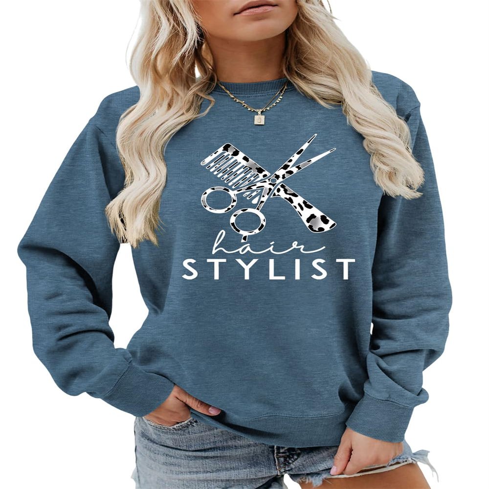 Hair Stylist Leopard Sweatshirt, Hairstylist Comb Scissors Shirt Womens Casual Beautician Hairdresser Pullover Tops