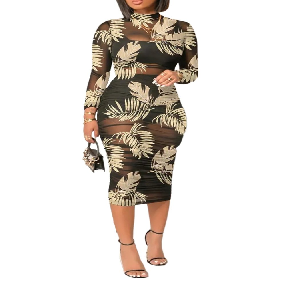 Women Sexy See Through Sheer Mesh Long Sleeve Floral Midi Cover Up Dress Crop Tank Tops Shorts 3 Piece Outfits Set Brown M