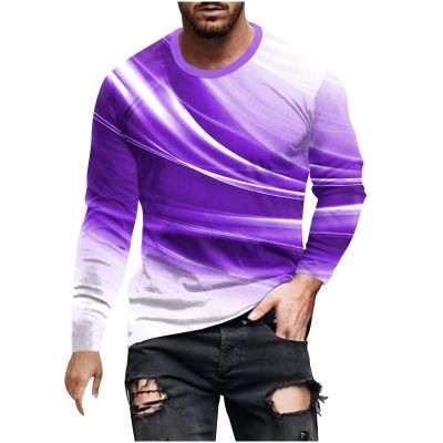 Mens Long Sleeve Shirts Casual Loose Fit Crewneck Sweatshirts Regular-Fit Beam Print Graphic Tee Shirts Gym Workout cotton t shirts for men 2024 Purple XL