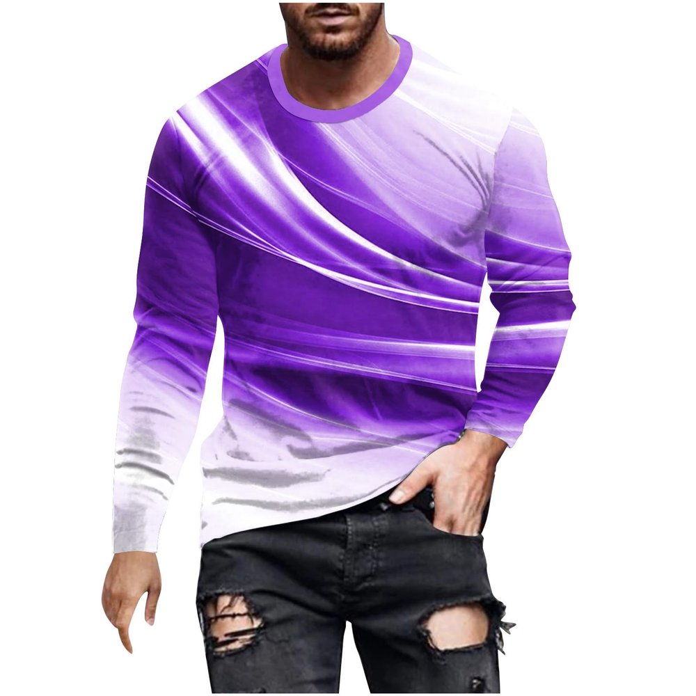 Mens Long Sleeve Shirts Casual Loose Fit Crewneck Sweatshirts Regular-Fit Beam Print Graphic Tee Shirts Gym Workout cotton t shirts for men 2024 Purple XL
