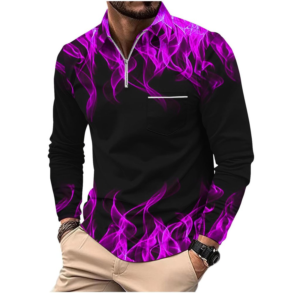 Golf Shirts for Men Big and Tall Long Sleeve Quarter Zip Polo Shirt Funny Flame Print Graphic Tee Shirts Workout Tops men shirts graphic Purple XL